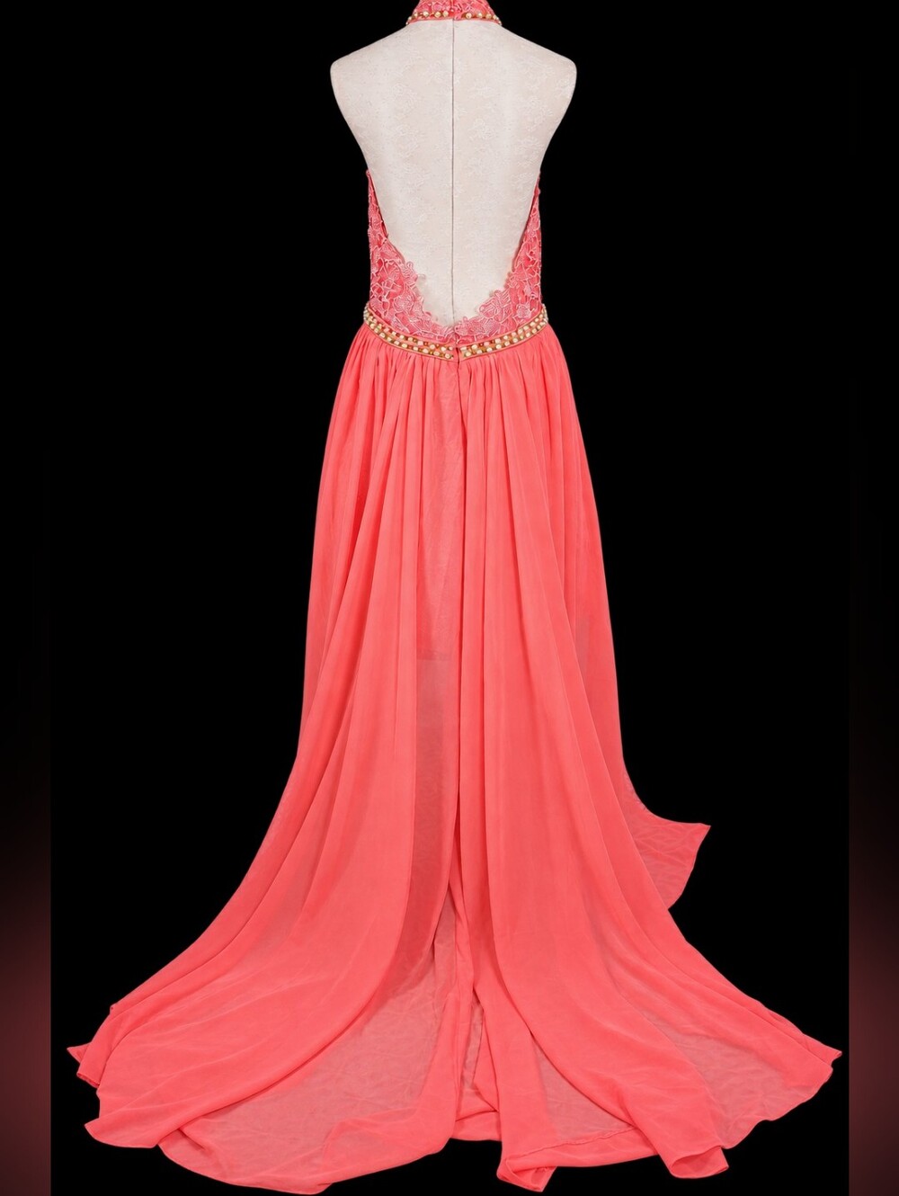 Coral Lace Mini Prom Dress Size 16 Chiffon Overskirt Train NWOT - Picture 2 of 13